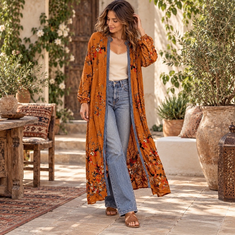 Free People Butterfly Kisses Kimono Womens XS/S Orange Boho Maxi Duster